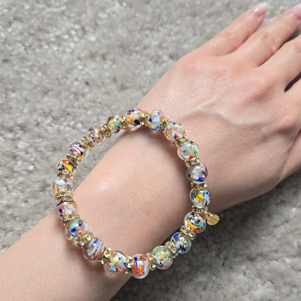NEW Authentic Murano Glass Stretch Bracelet Multi Colors In Gold Tone